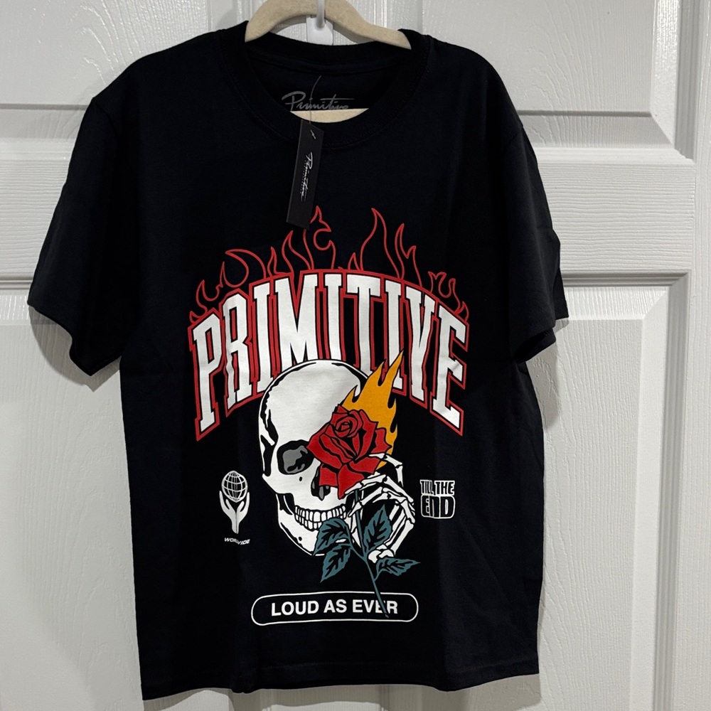 Primitive Black Tee with Red Flame Design